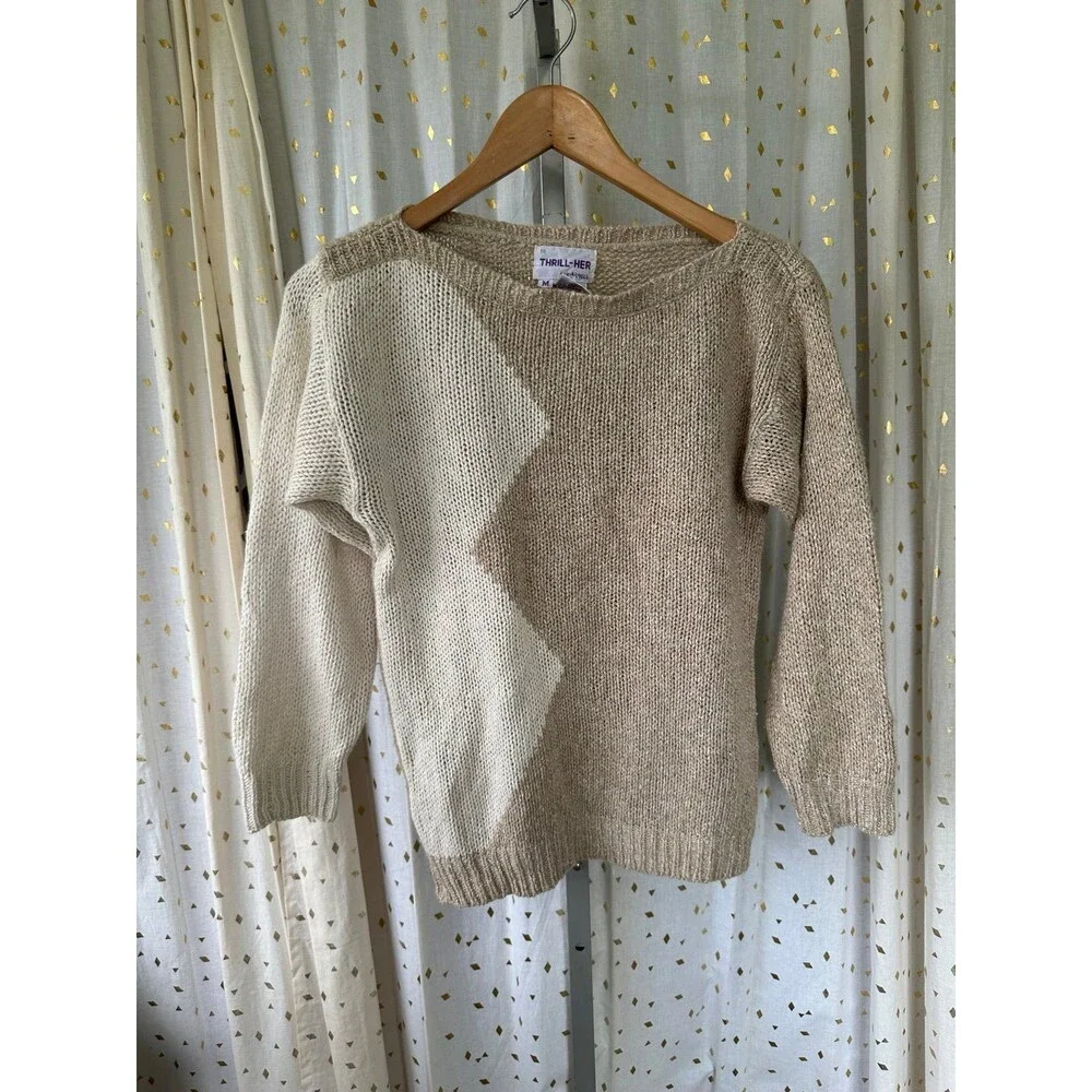 Thrill-Her By Parmell Silk Rabbit Hair Boat Neck Pullover Geometric Sweater M